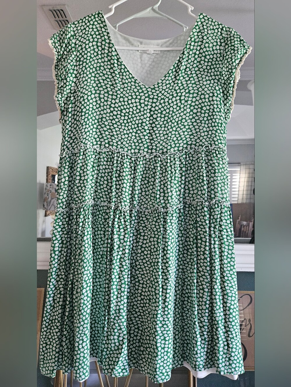 THML Green White Floral Tiered Babydoll Dress Size M